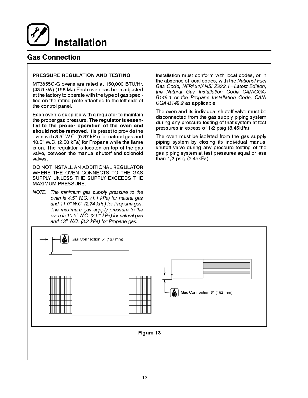 Blodgett MT3855G-G manual Pressure Regulation and Testing 