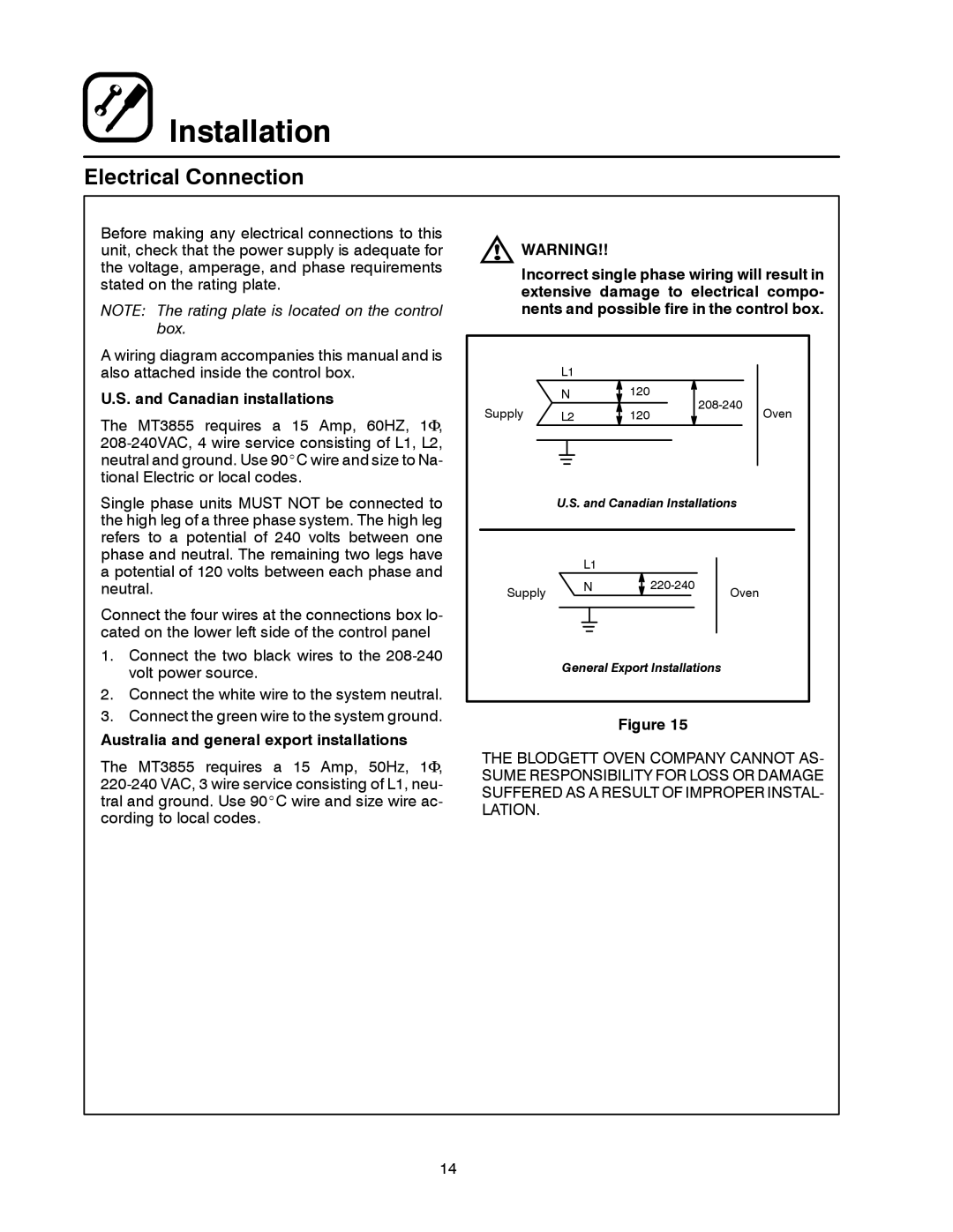 Blodgett MT3855G-G manual Electrical Connection 