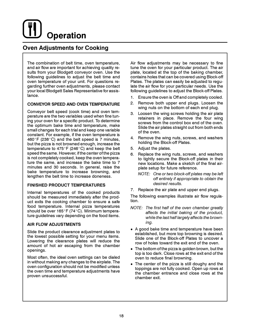 Blodgett MT3855G-G manual Oven Adjustments for Cooking, Conveyor Speed and Oven Temperature, Finished Product Temperatures 