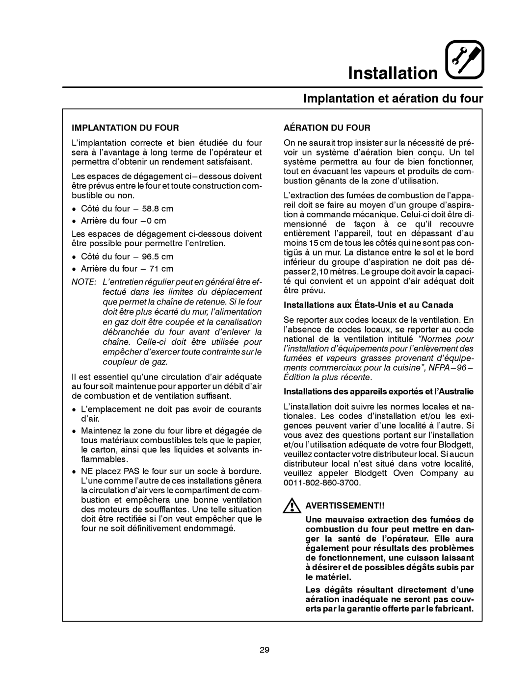 Blodgett MT3855G-G manual Implantation et aération du four, Implantation DU Four, Aération DU Four, Avertissement 