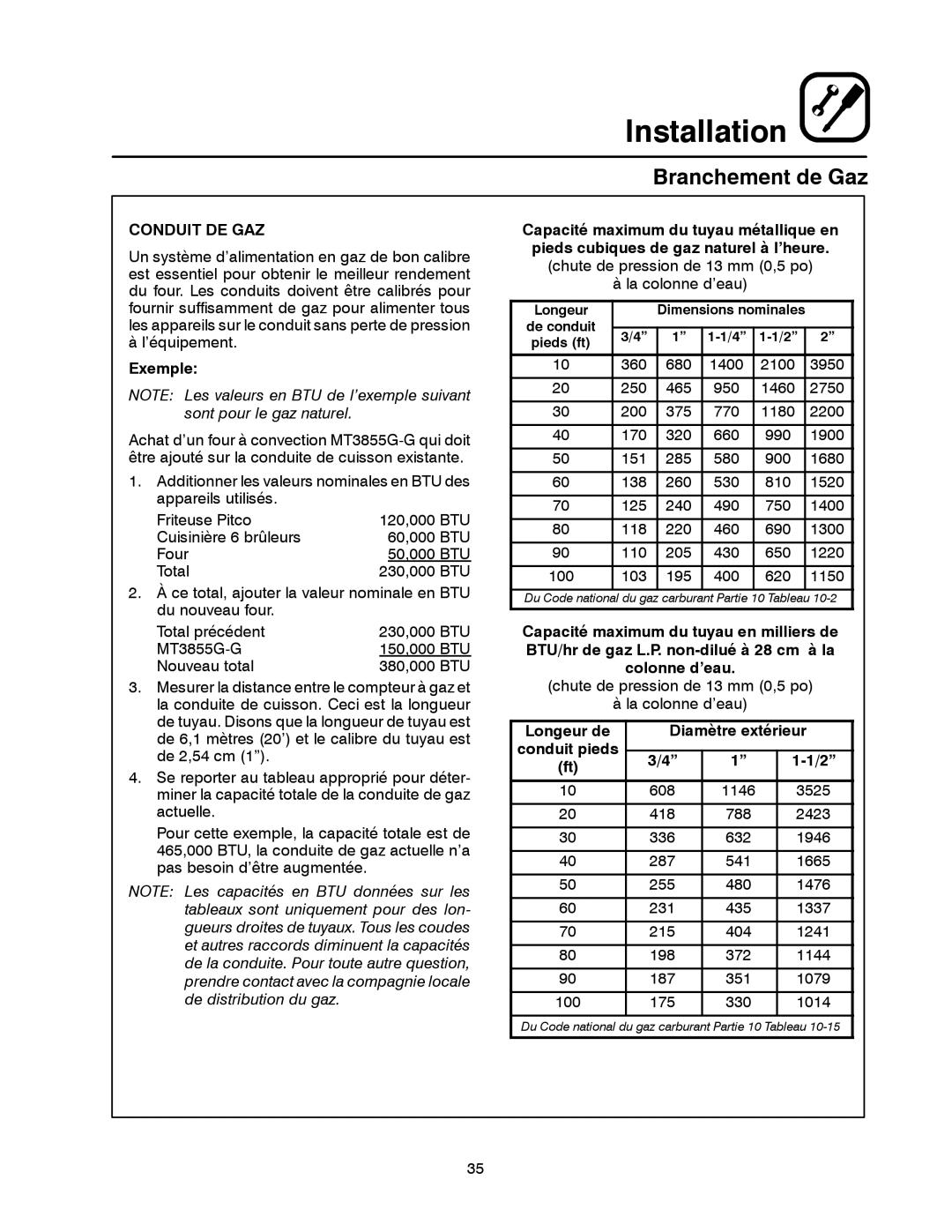 Blodgett MT3855G-G manual Branchement de Gaz, Conduit DE GAZ, Exemple, Longeur de Diamètre extérieur Conduit pieds 