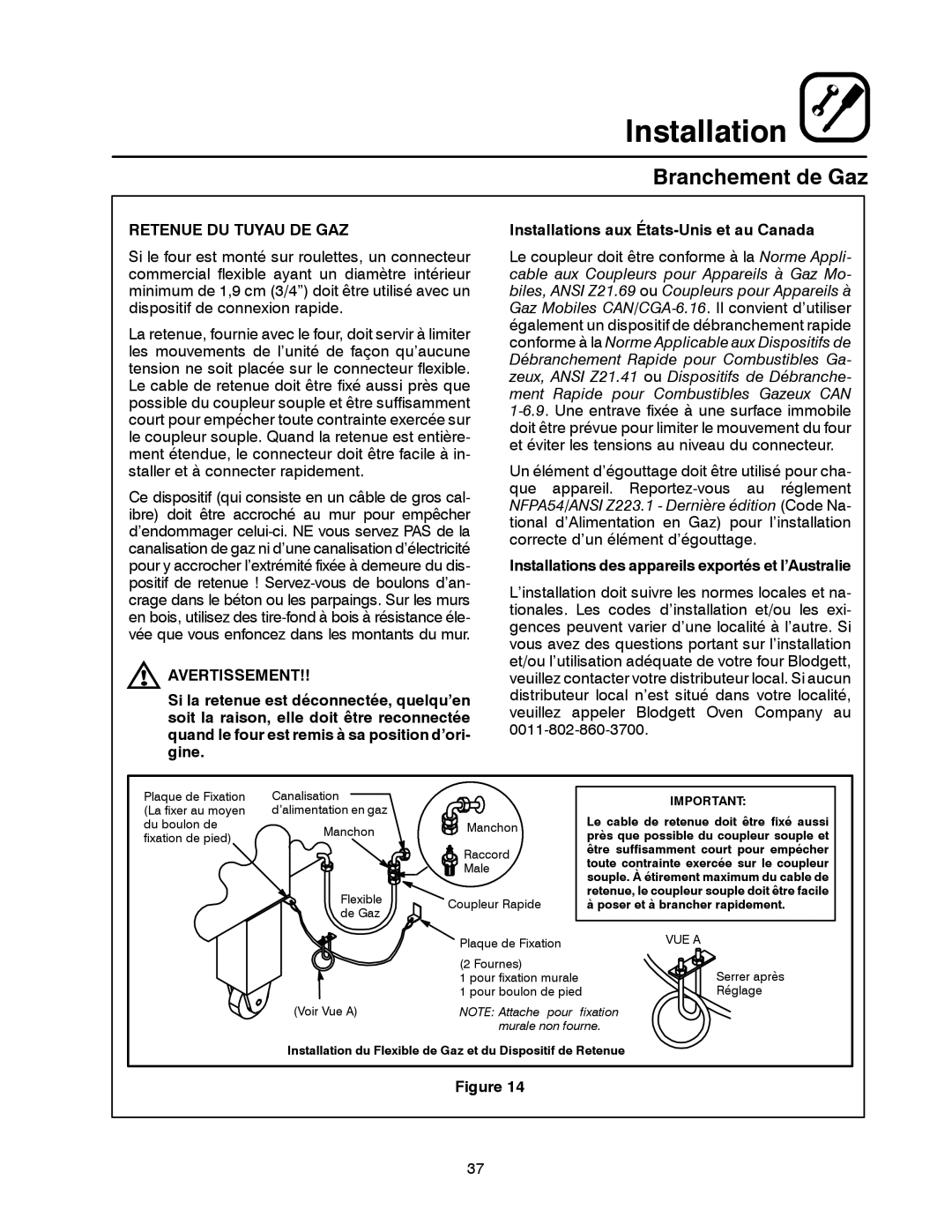 Blodgett MT3855G-G manual Retenue DU Tuyau DE GAZ, Avertissement 