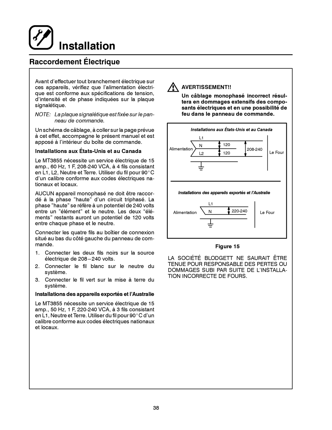 Blodgett MT3855G-G manual Raccordement Électrique 