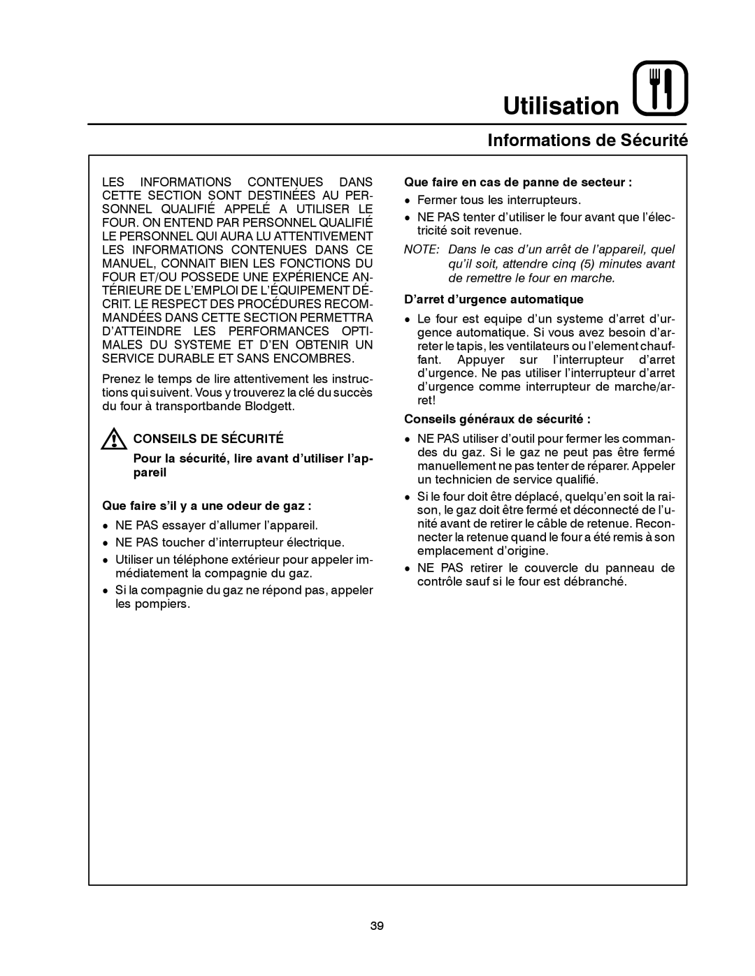 Blodgett MT3855G-G manual Informations de Sécurité, Conseils DE Sécurité, Que faire en cas de panne de secteur 