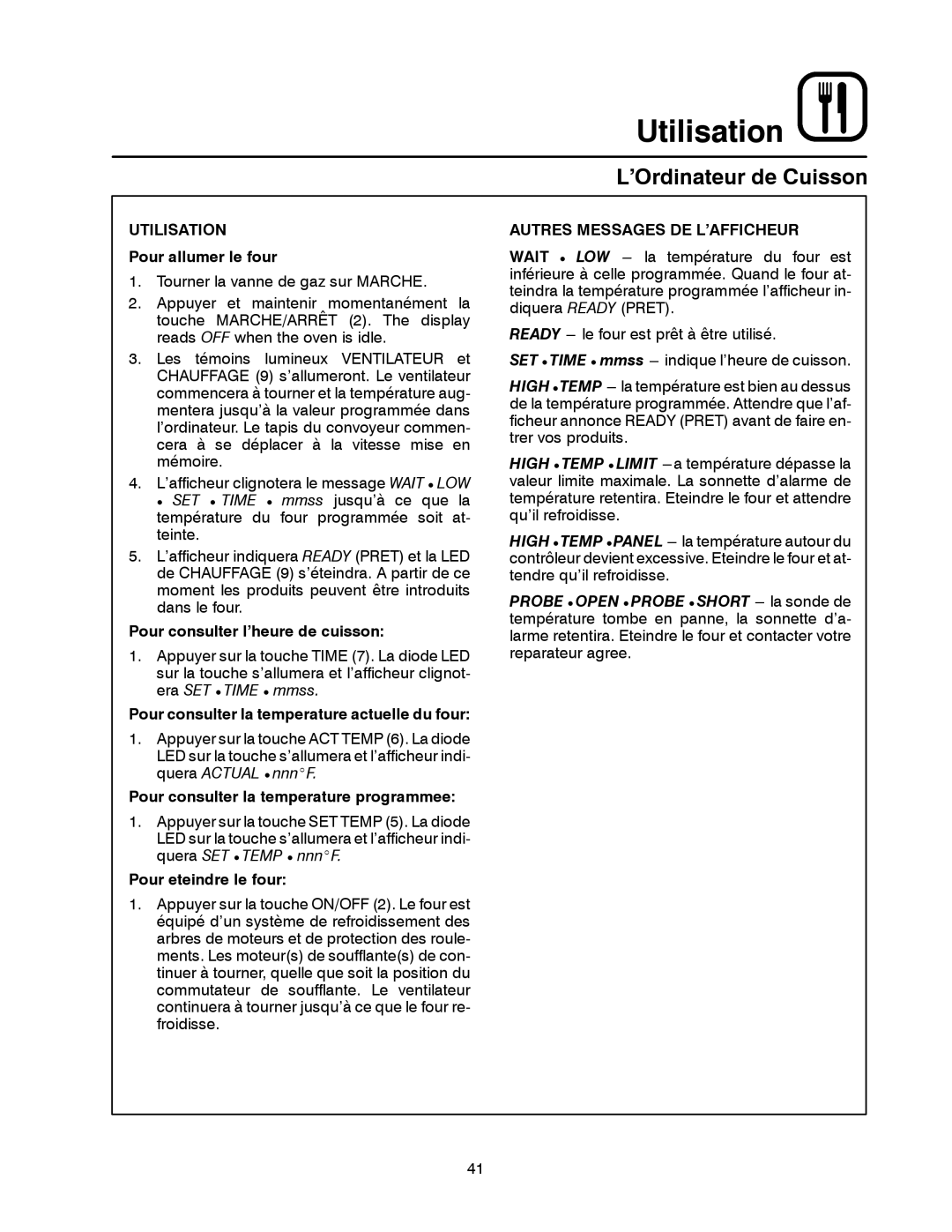 Blodgett MT3855G-G manual Utilisation, Autres Messages DE L’AFFICHEUR 