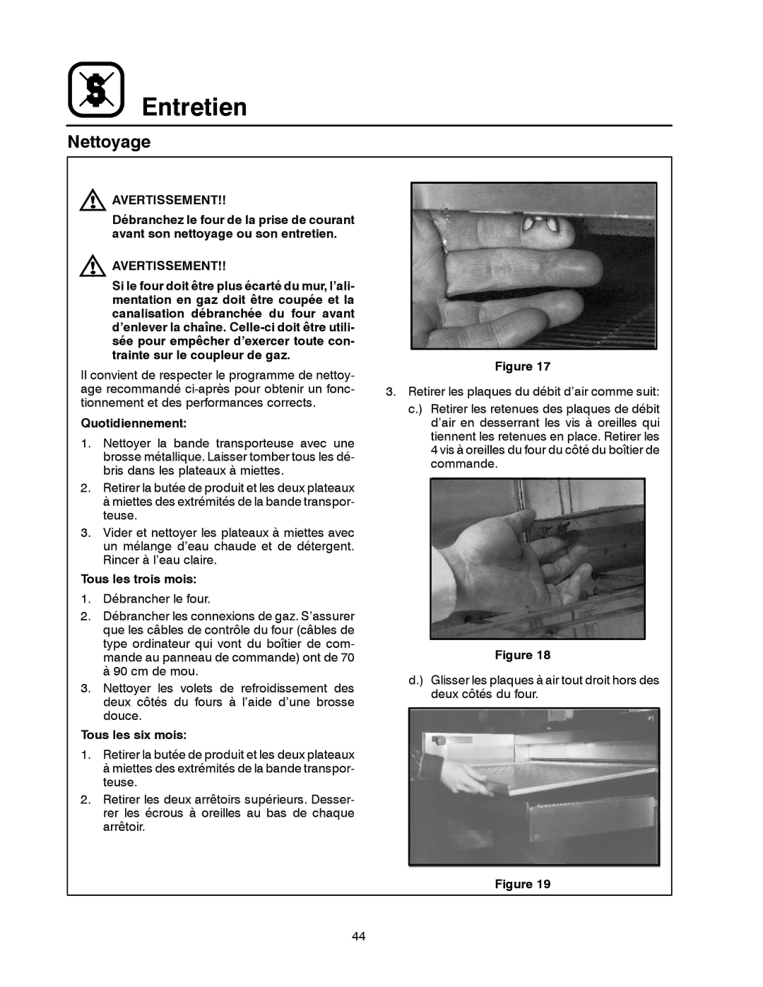 Blodgett MT3855G-G manual Nettoyage, Quotidiennement, Tous les trois mois, Tous les six mois 