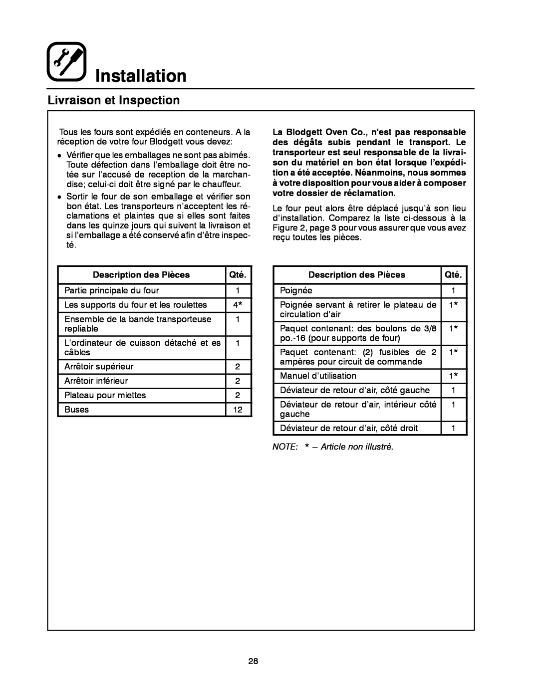 Blodgett MT3855G-G manual Livraison et Inspection, Installation, Description des Pièces, NOTE * --- Article non illustré 