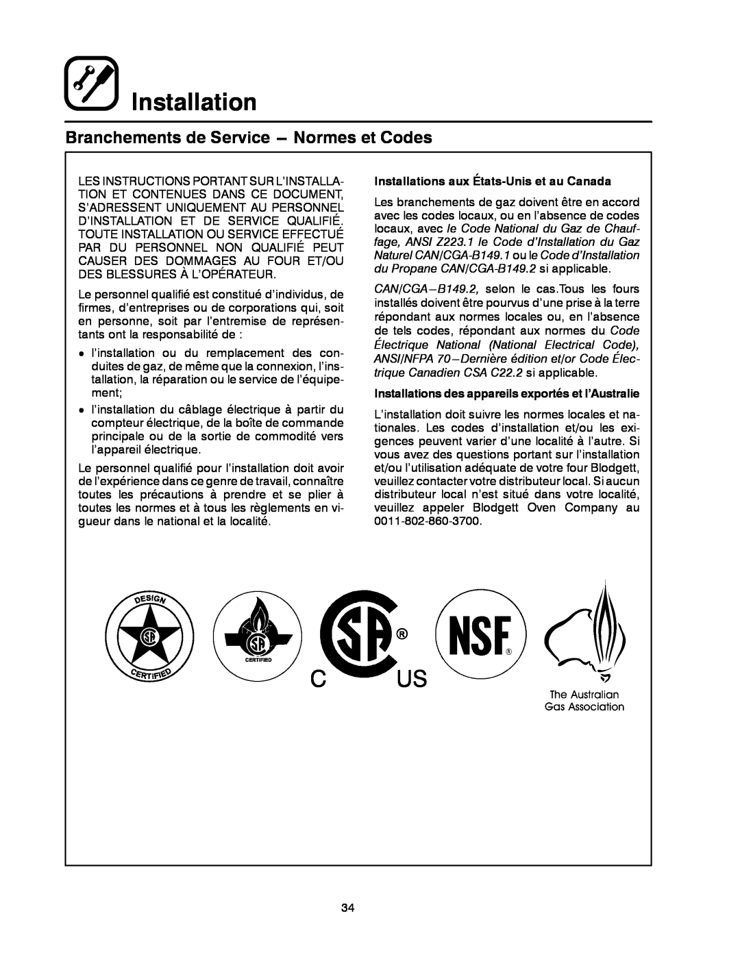Blodgett MT3855G-G manual Branchements de Service --- Normes et Codes, Installations aux États-Unis et au Canada 