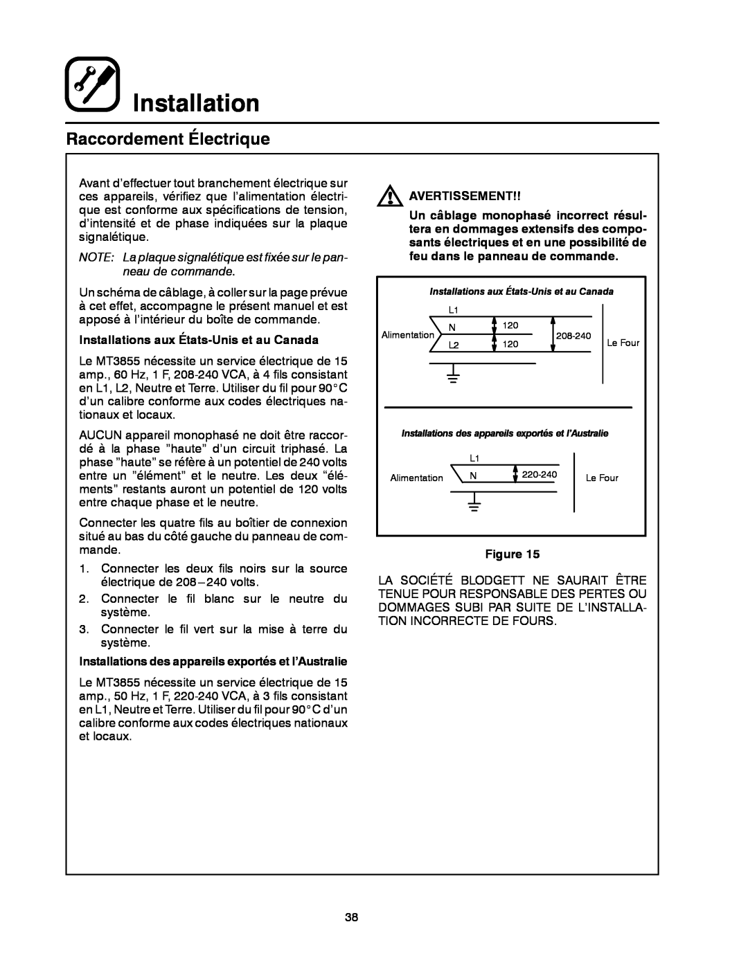 Blodgett MT3855G-G manual Raccordement Électrique, Installations aux États-Unis et au Canada, Avertissement 
