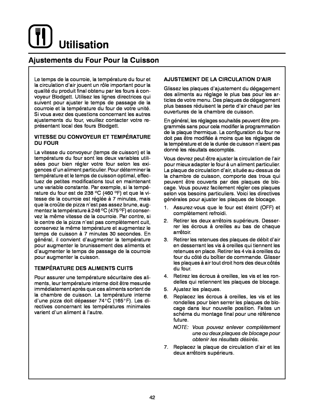 Blodgett MT3855G-G manual Ajustements du Four Pour la Cuisson, Utilisation, Vitesse Du Convoyeur Et Température Du Four 