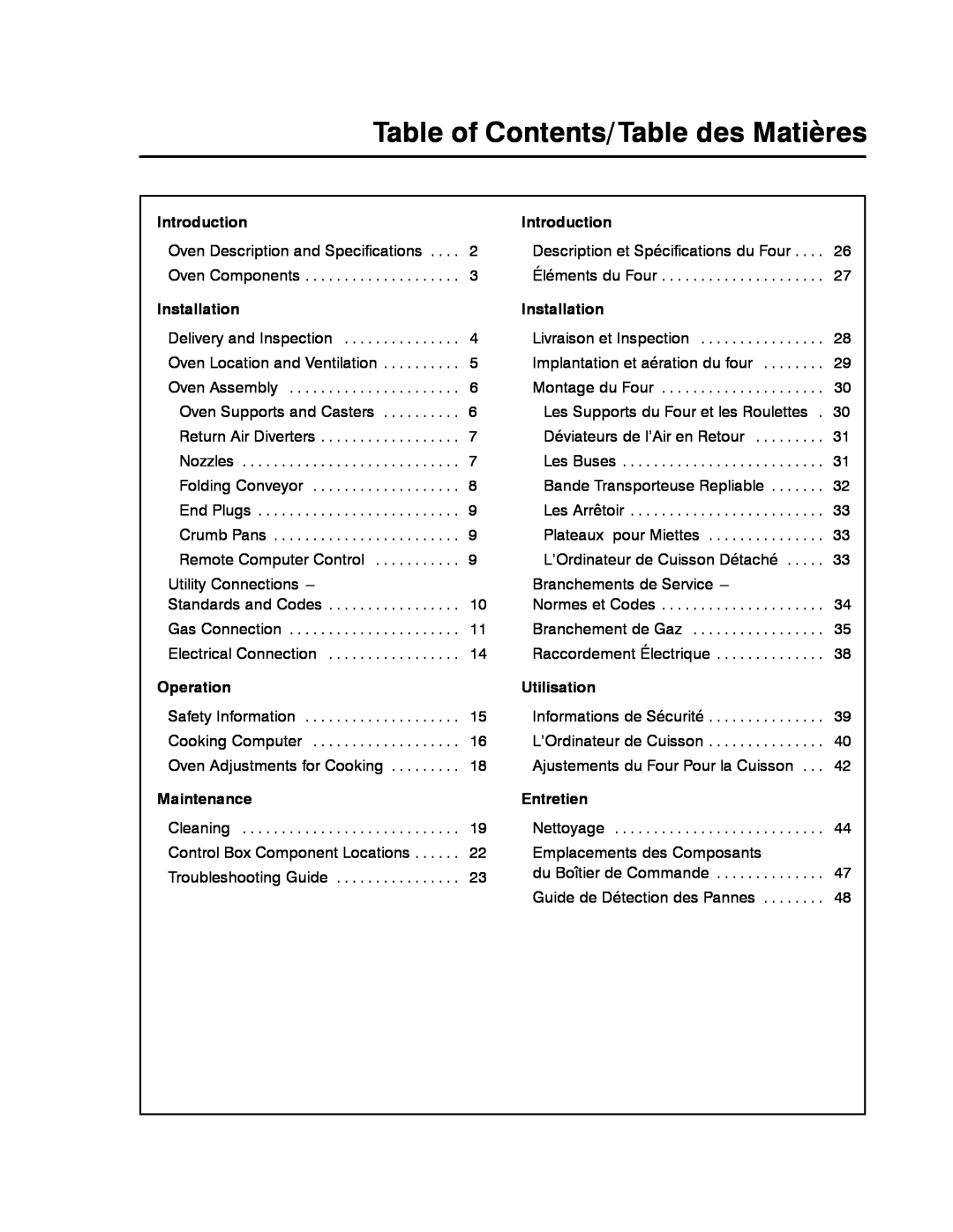 Blodgett MT3855G-G Table of Contents/Table des Matières, Introduction, Installation, Operation, Utilisation, Maintenance 