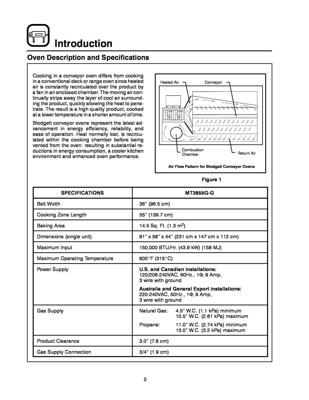 Blodgett MT3855G-G manual Introduction, Oven Description and Specifications, U.S. and Canadian installations 