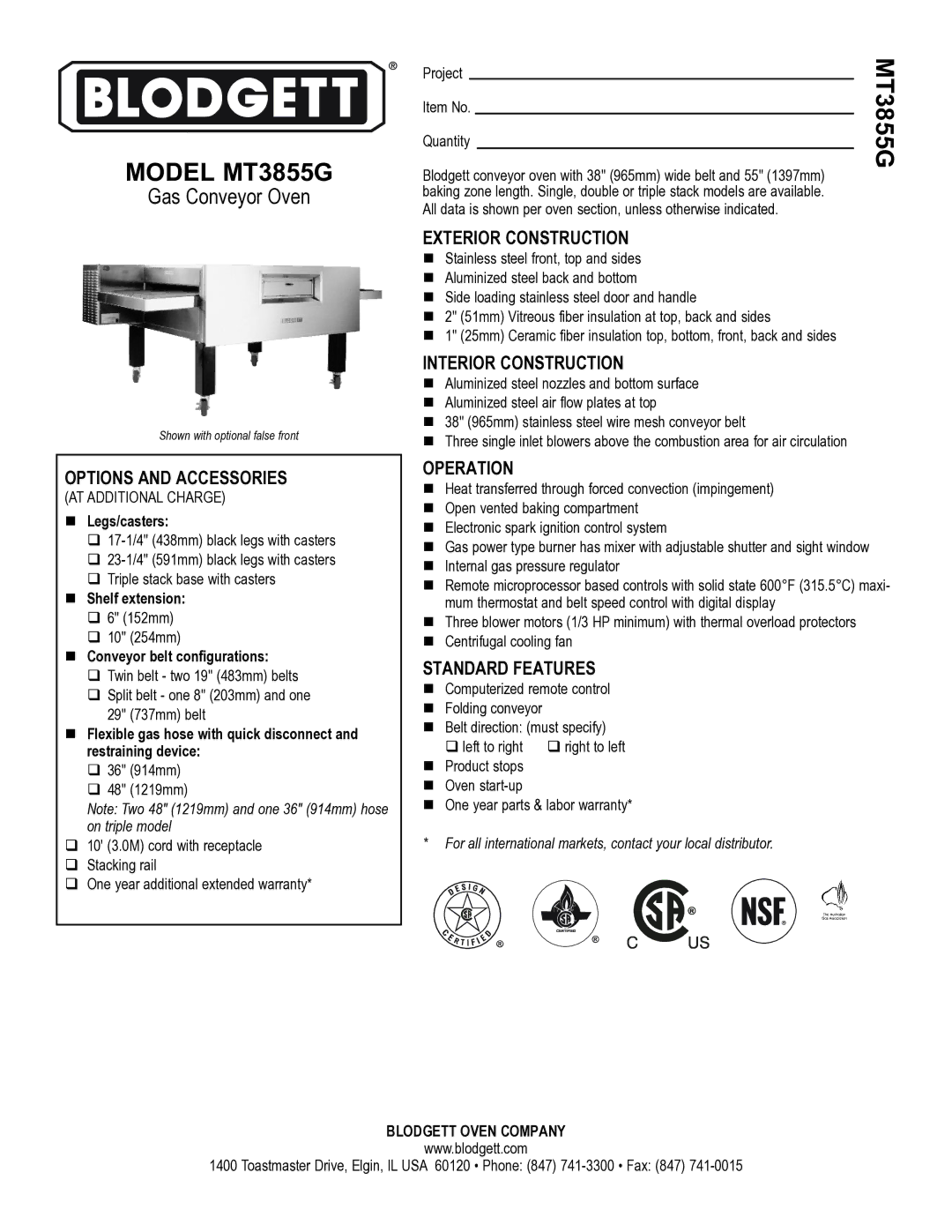 Blodgett MT3855G warranty Options and Accessories, Exterior Construction, Interior Construction, Operation 