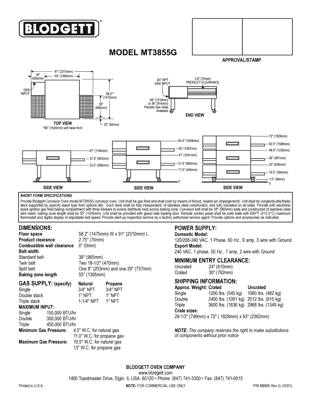 Blodgett MT3855G warranty Dimensions, Power Supply, Minimum Entry Clearance, Shipping Information 