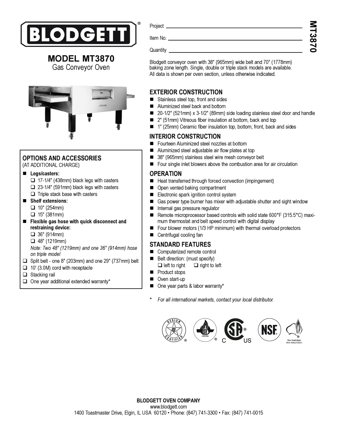 Blodgett MT3870 warranty Options and Accessories, Exterior Construction, Interior Construction, Operation 