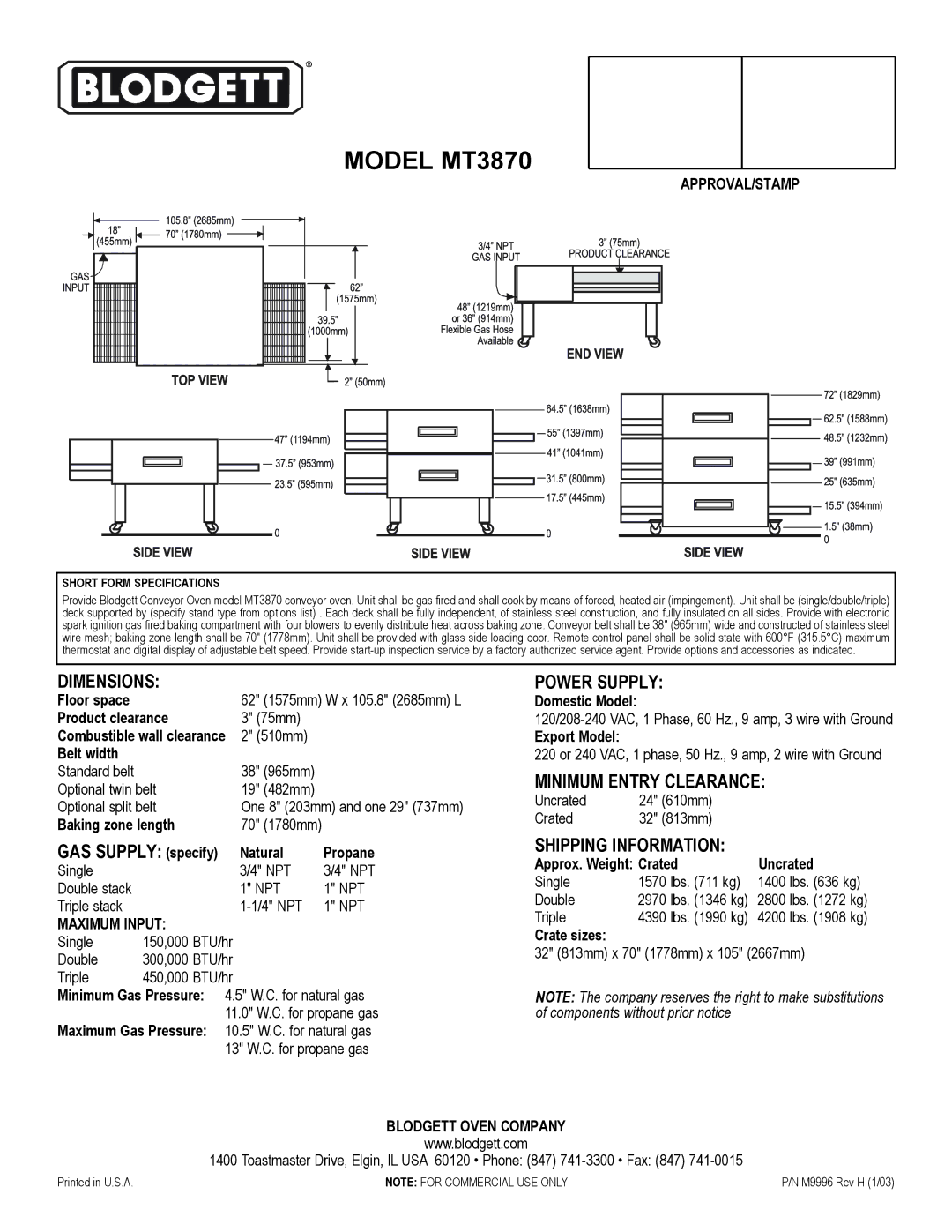 Blodgett MT3870 warranty Dimensions, Power Supply, Minimum Entry Clearance, Shipping Information 