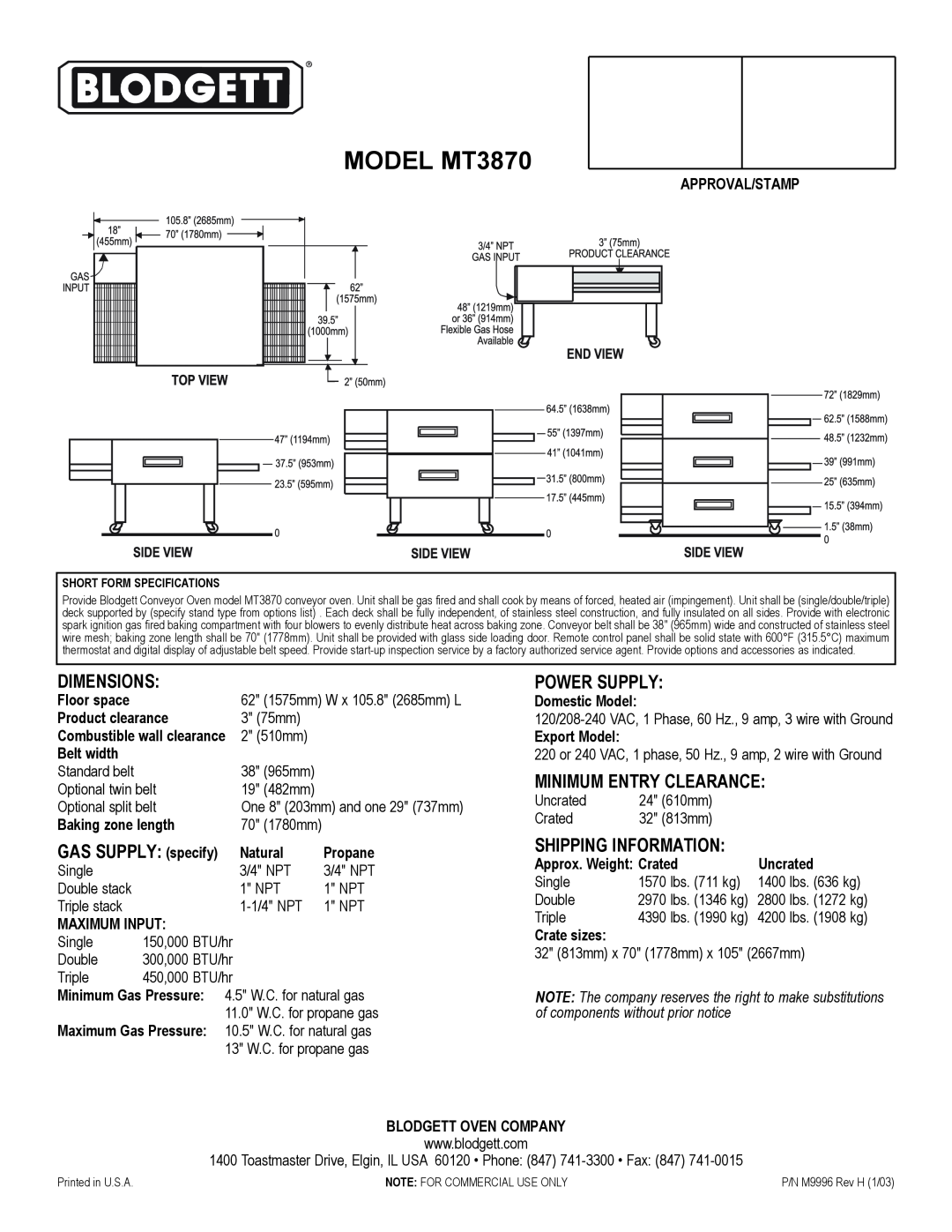 Blodgett Dimensions, Power Supply, Minimum Entry Clearance, GAS SUPPLY specify, Shipping Information, MODEL MT3870 
