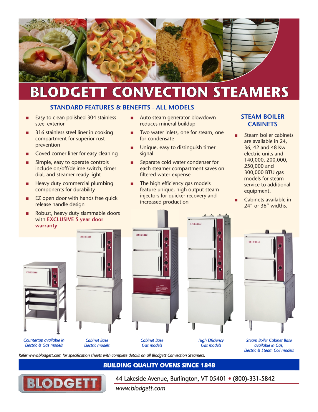 Blodgett None manual Blodgett Convection Steamers, Standard Features & Benefits - All Models, Steam Boiler Cabinets 