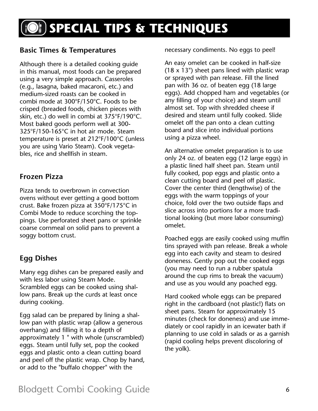 Blodgett R11021 manual Special Tips & Techniques, Basic Times & Temperatures, Frozen Pizza, Egg Dishes 