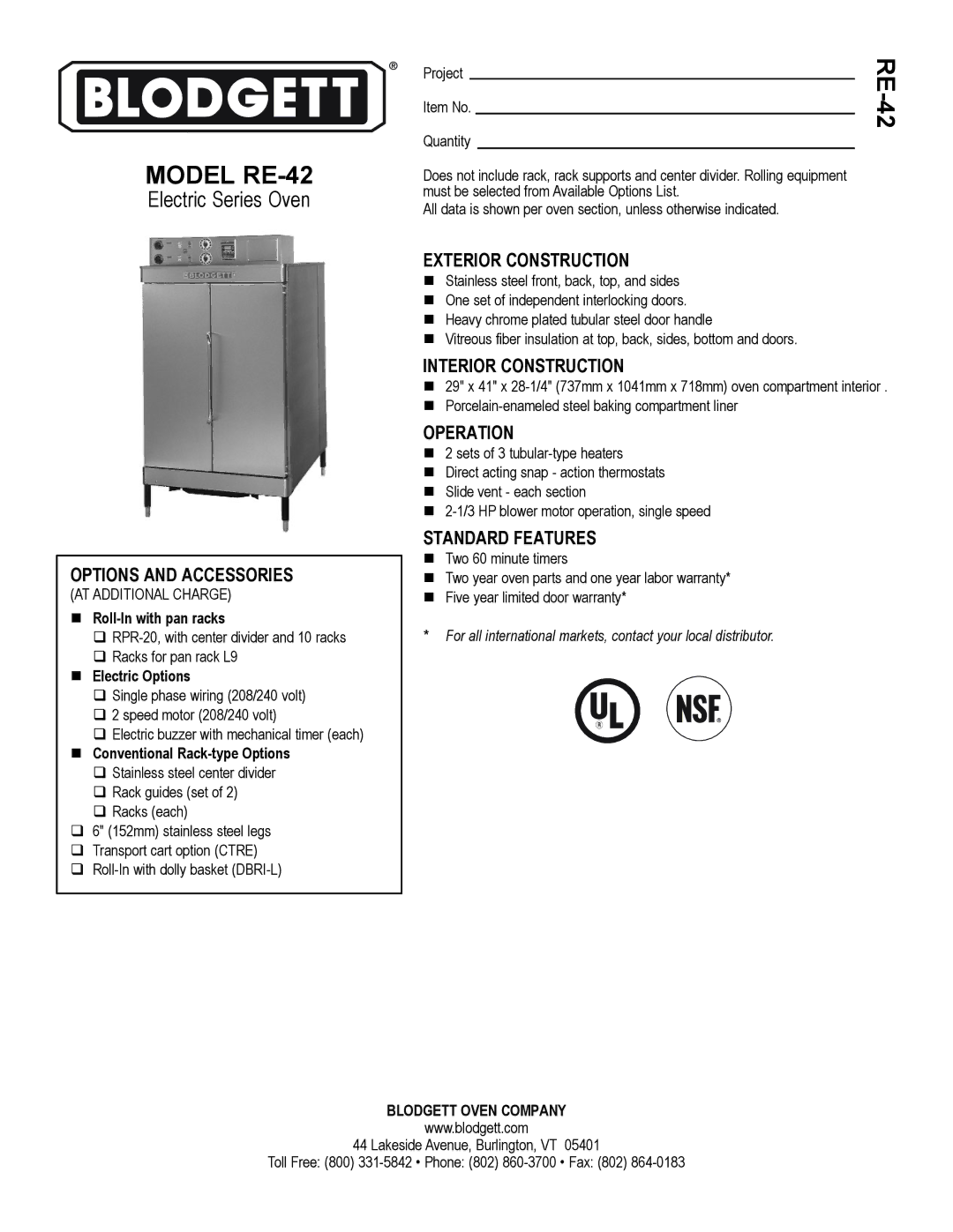 Blodgett RE-42 warranty Options and Accessories, Exterior Construction, Interior Construction, Operation 