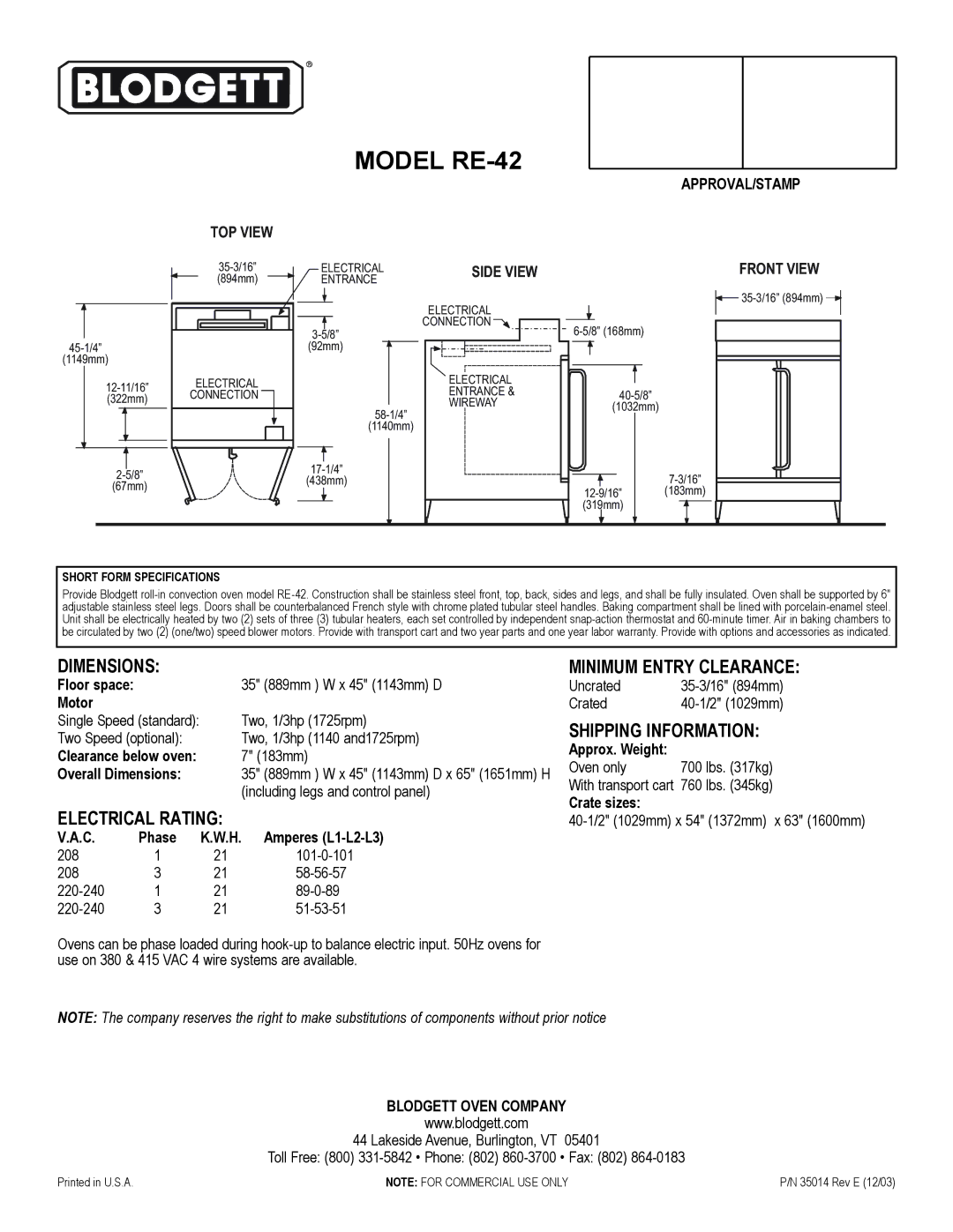 Blodgett RE-42 warranty Dimensions, Electrical Rating, Minimum Entry Clearance, Shipping Information 