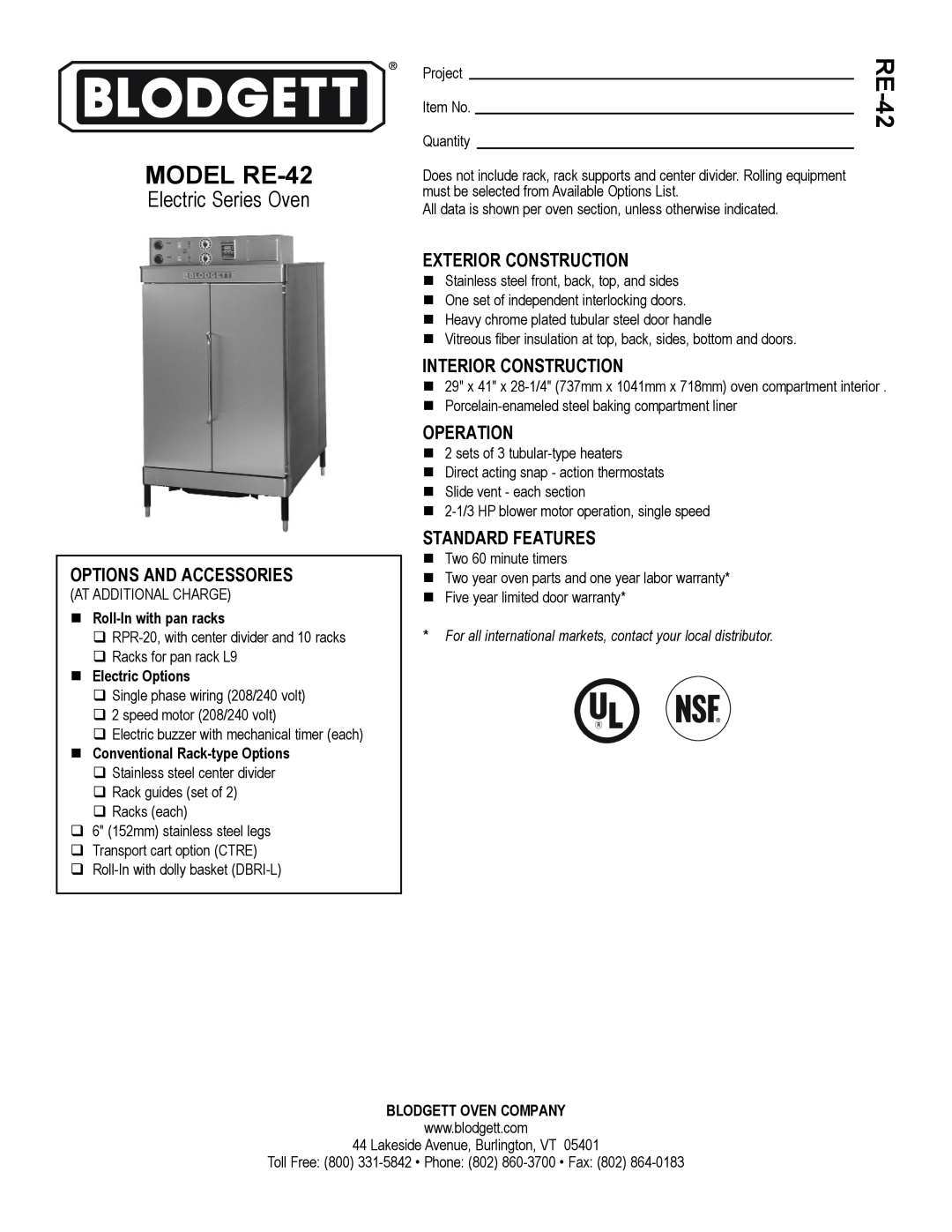 Blodgett warranty MODEL RE-42, Options And Accessories, Exterior Construction, Interior Construction, Operation 