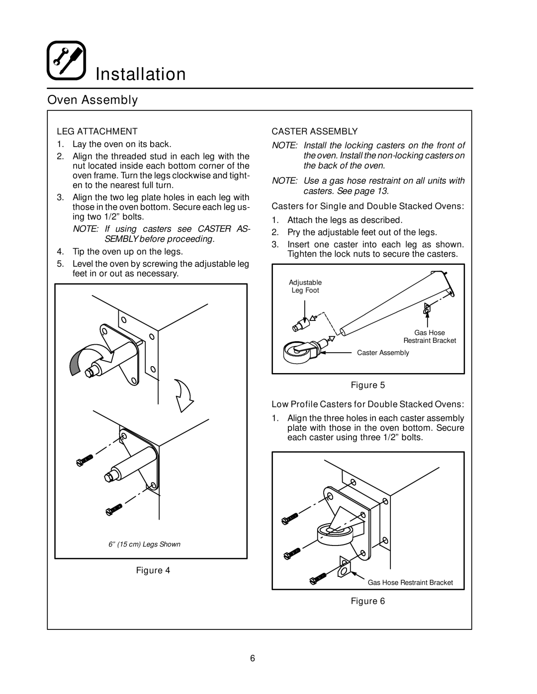 Blodgett RE Series manual LEG Attachment, Caster Assembly, Casters for Single and Double Stacked Ovens 