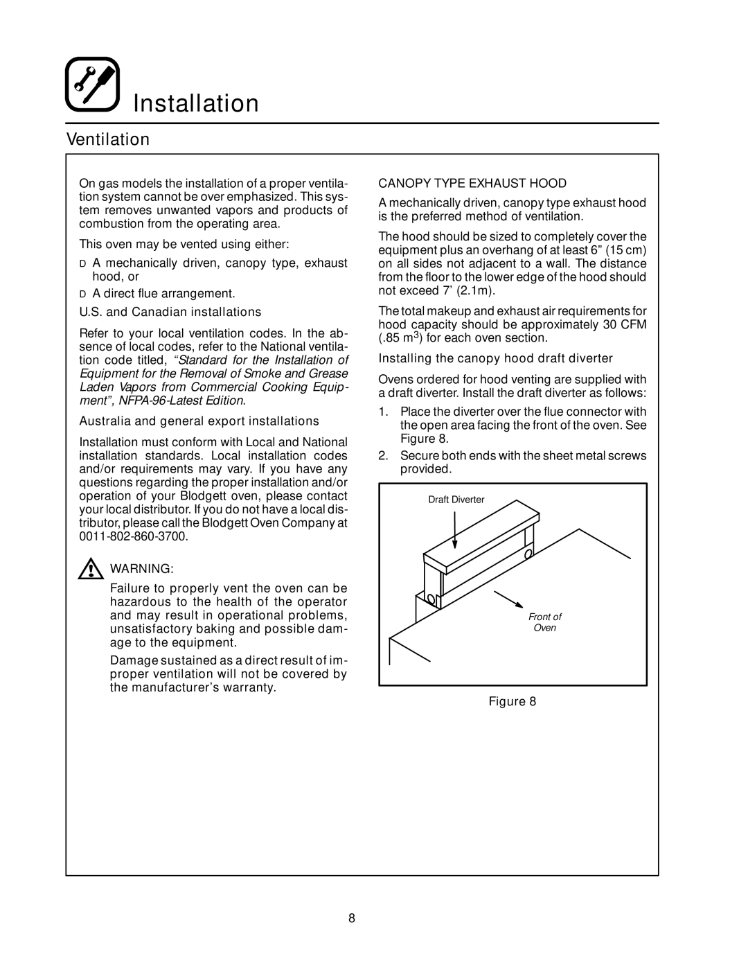 Blodgett RE Series manual Ventilation, Canadian installations, Australia and general export installations 