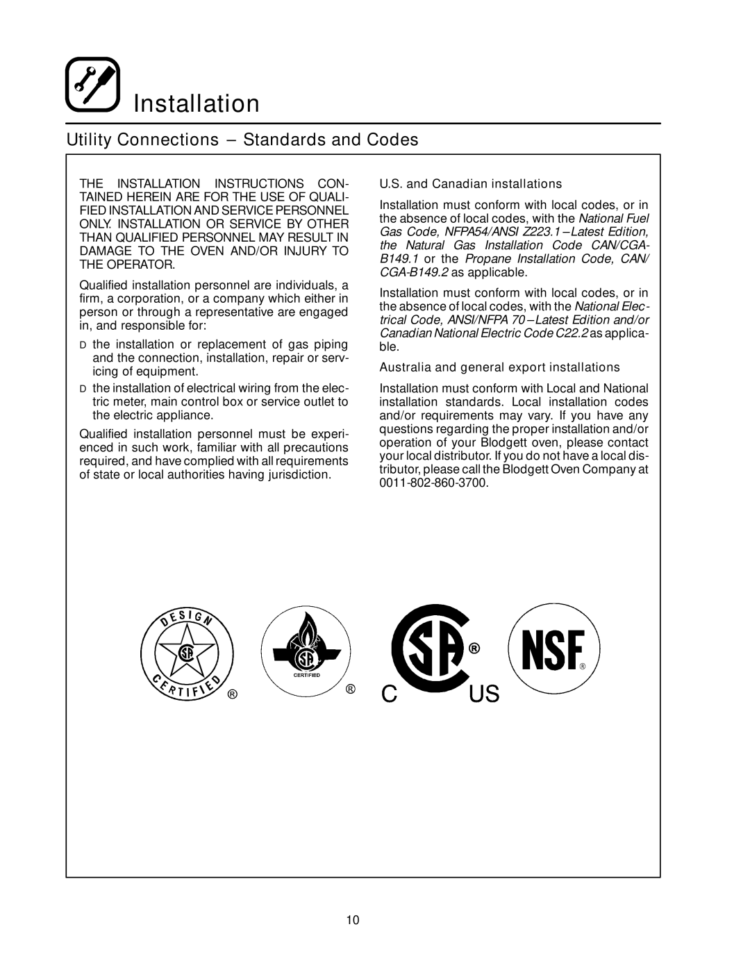 Blodgett RE Series manual Utility Connections --- Standards and Codes 