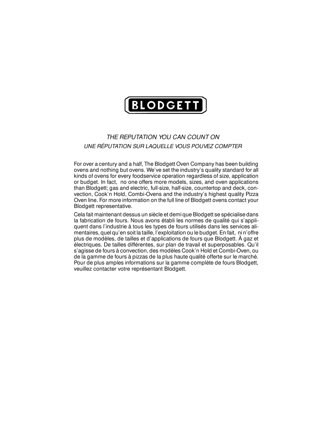 Blodgett RE Series manual Reputation YOU can Count on 