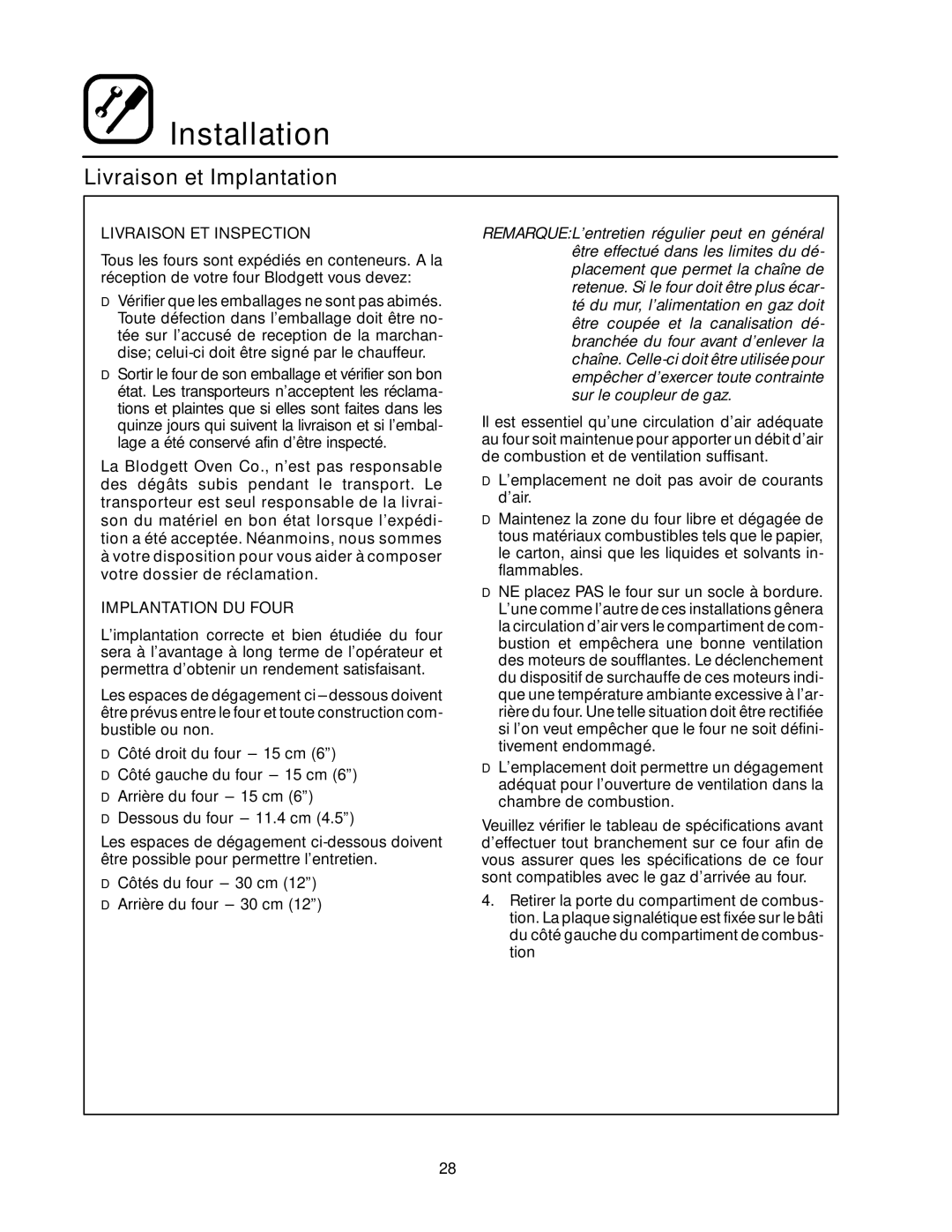 Blodgett RE Series manual Livraison et Implantation, Livraison ET Inspection, Implantation DU Four 