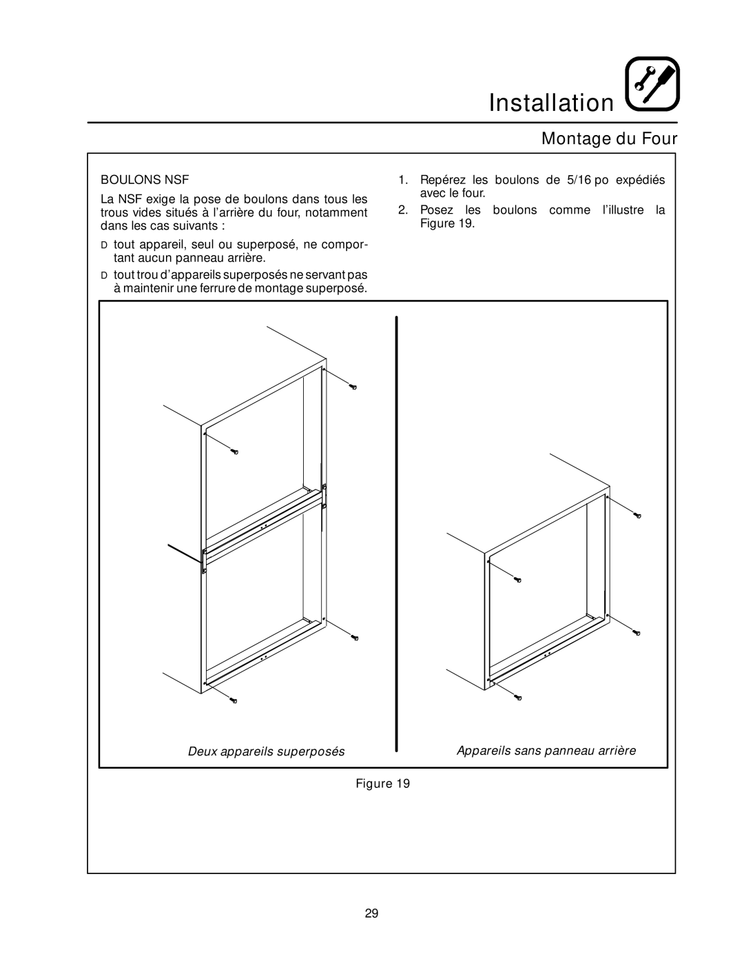 Blodgett RE Series manual Montage du Four, Boulons NSF 