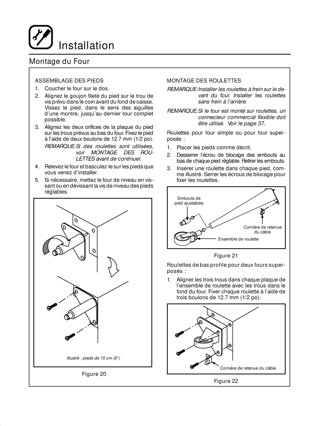 Blodgett RE Series manual Assemblage DES Pieds, Montage DES Roulettes, Roulettes pour four simple ou pour four super- posés 