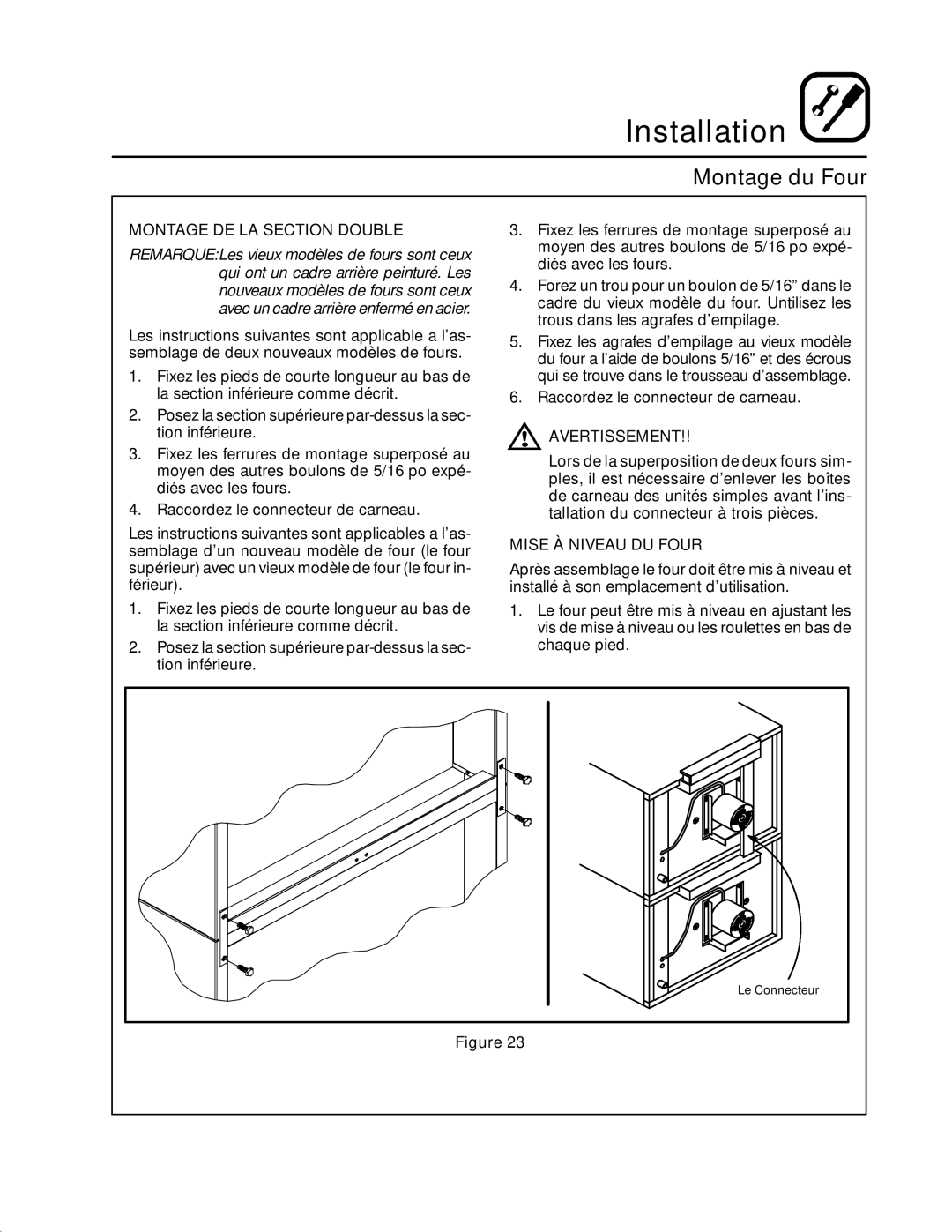 Blodgett RE Series manual Montage DE LA Section Double, Avertissement, Mise À Niveau DU Four 