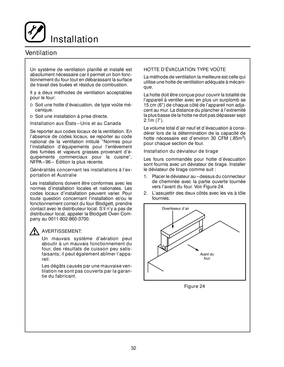 Blodgett RE Series manual Installation aux États-- Unis et au Canada, Hotte D’ÉVACUATION Type Voûte 