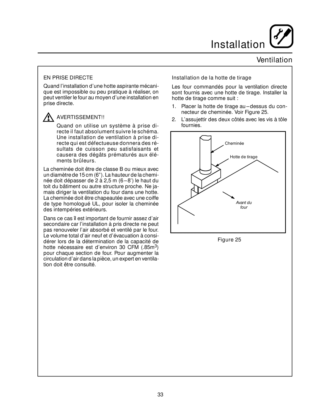 Blodgett RE Series manual EN Prise Directe, Installation de la hotte de tirage 