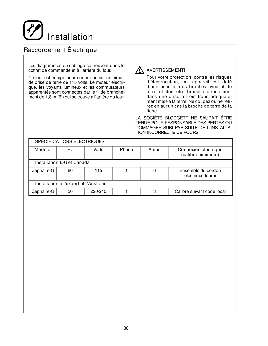 Blodgett RE Series manual Raccordement Électrique, Spécifications Électriques, Et Canada 