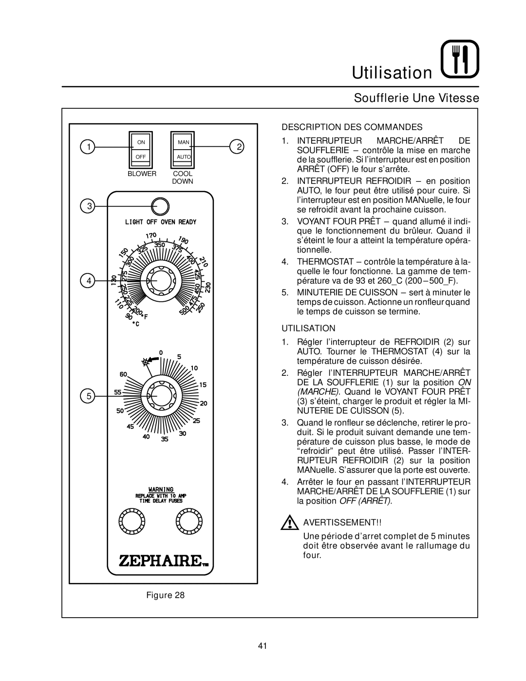 Blodgett RE Series manual Soufflerie Une Vitesse, Description DES Commandes, Utilisation 