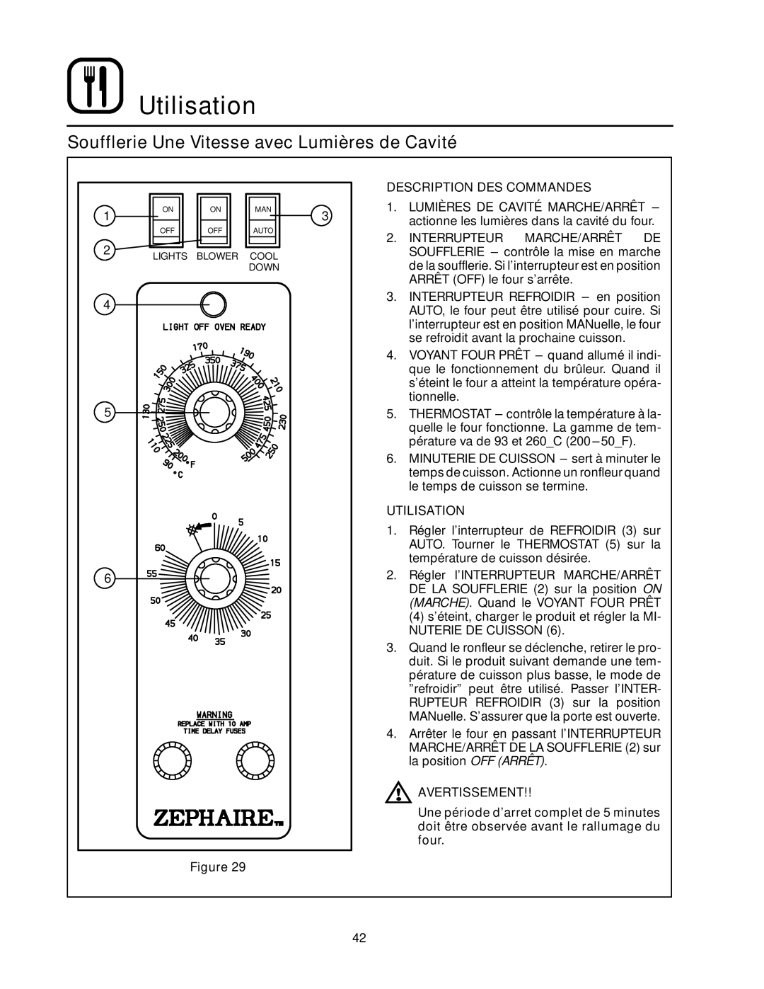 Blodgett RE Series manual Soufflerie Une Vitesse avec Lumières de Cavité, Lumières DE Cavité MARCHE/ARRÊT 