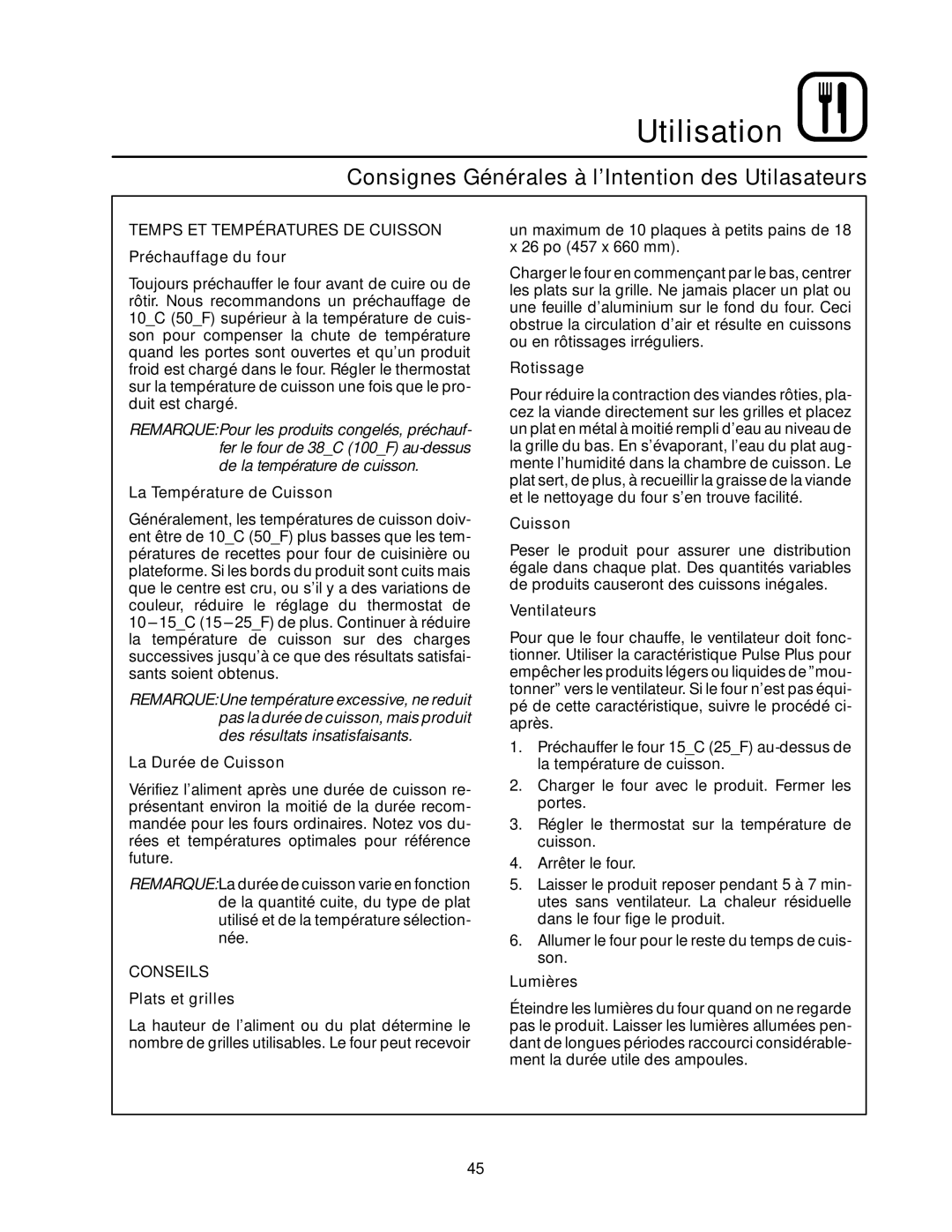 Blodgett RE Series manual Consignes Générales à l’Intention des Utilasateurs, Conseils 