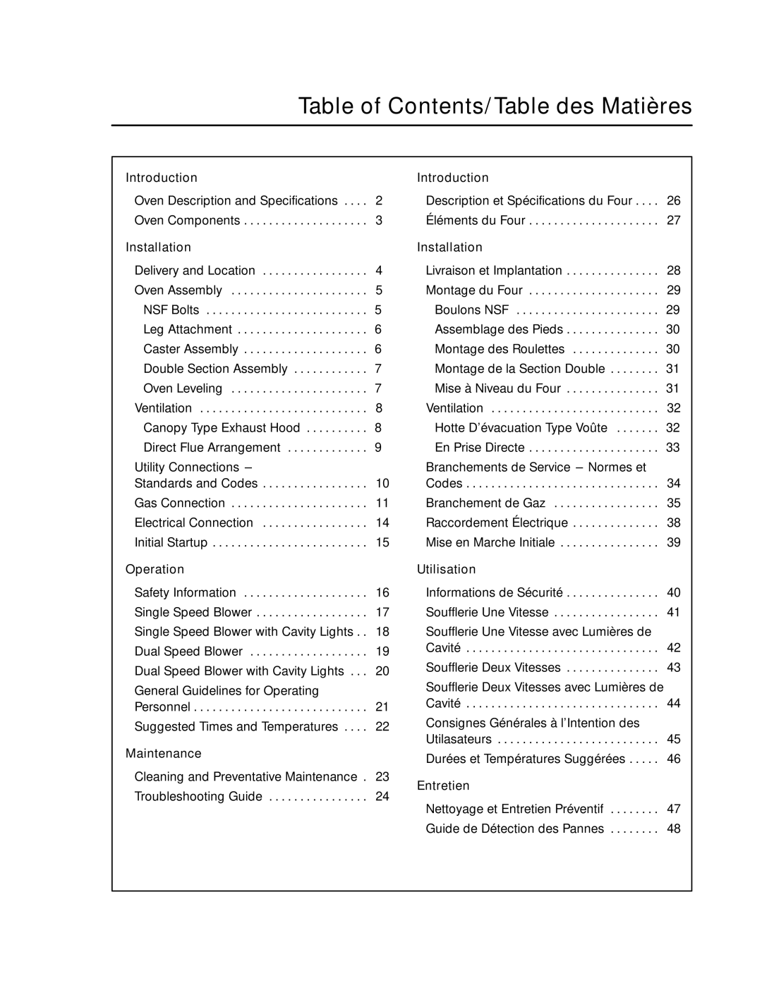 Blodgett RE Series manual Table of Contents/Table des Matières 