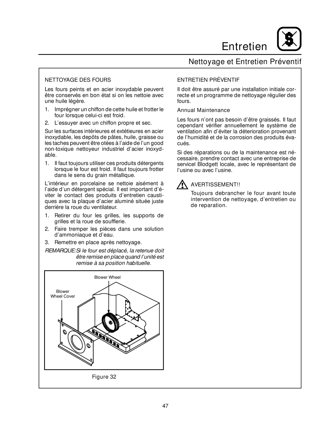 Blodgett RE Series manual Nettoyage et Entretien Préventif, Nettoyage DES Fours 