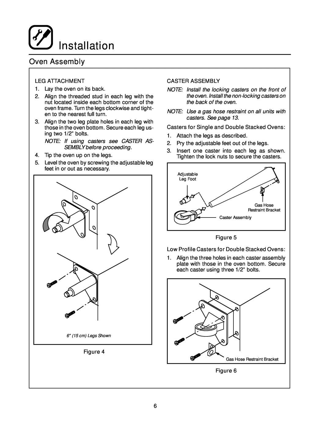 Blodgett RE Series manual Installation, Oven Assembly, Leg Attachment, Caster Assembly 
