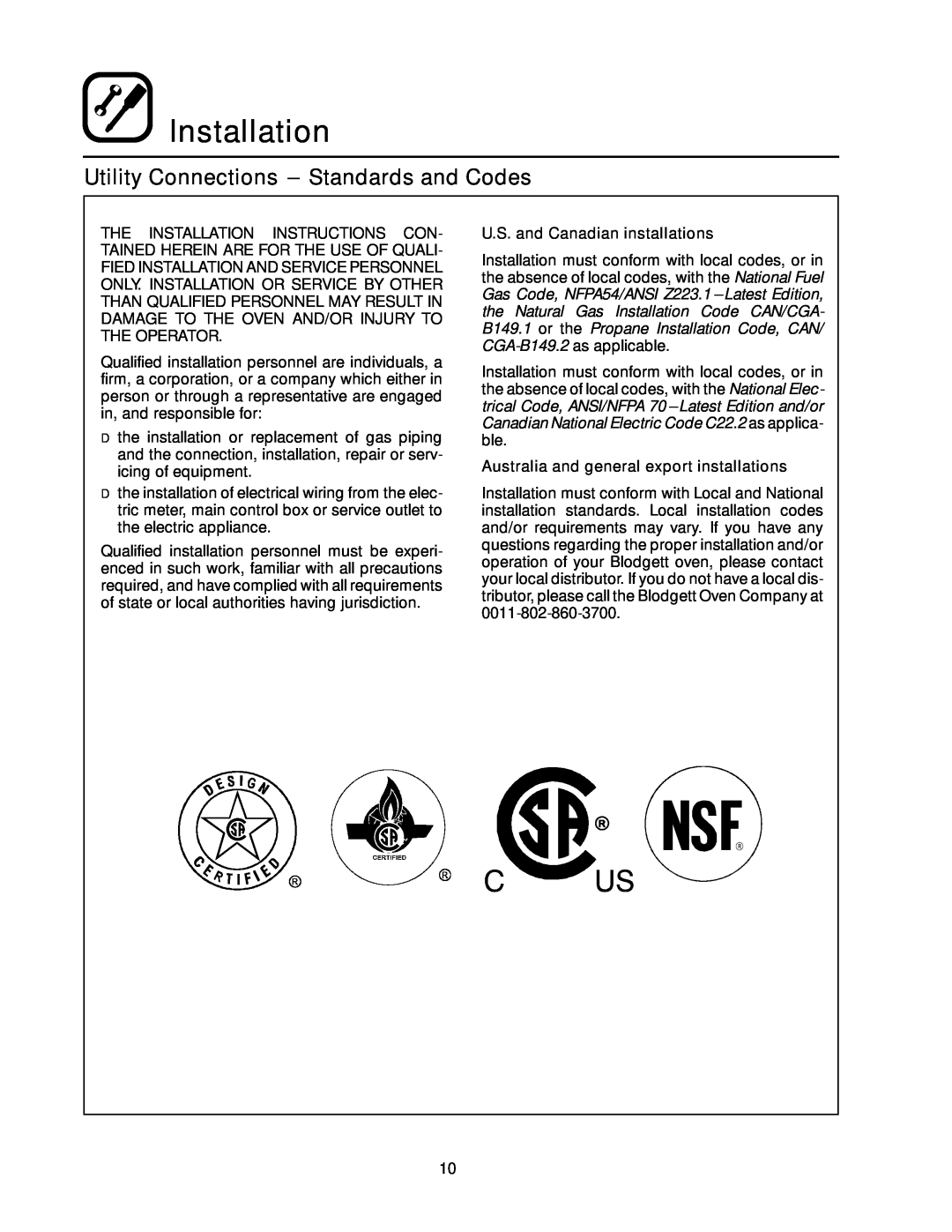 Blodgett RE Series manual Utility Connections --- Standards and Codes, Installation, U.S. and Canadian installations 