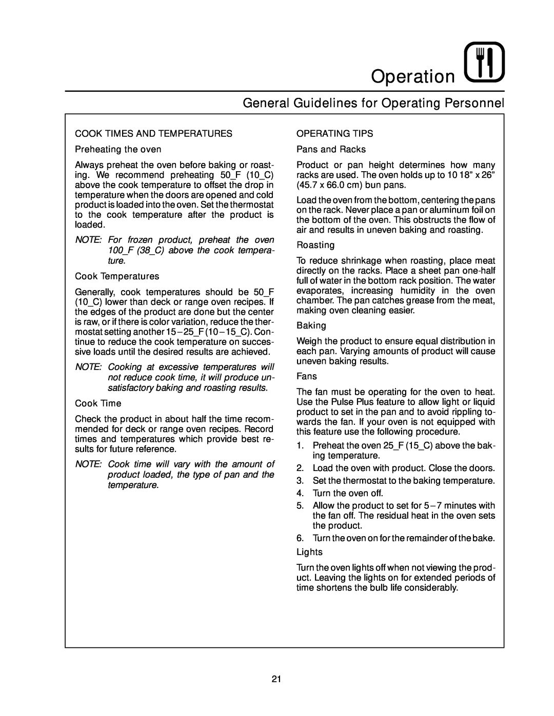 Blodgett RE Series General Guidelines for Operating Personnel, Operation, COOK TIMES AND TEMPERATURES Preheating the oven 