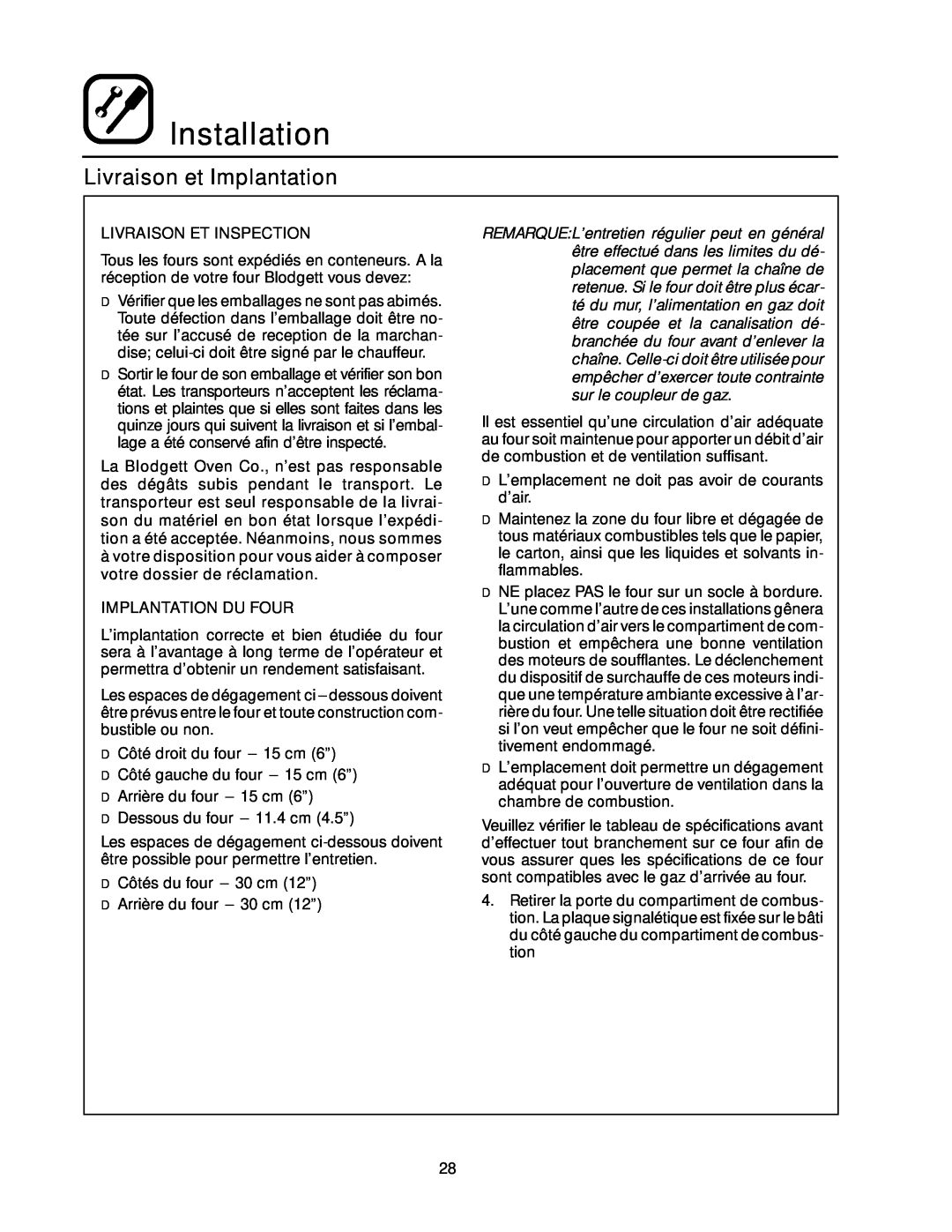 Blodgett RE Series manual Livraison et Implantation, Installation, Livraison Et Inspection, Implantation Du Four 