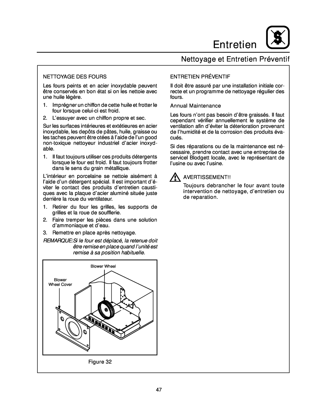 Blodgett RE Series manual Nettoyage et Entretien Préventif, Nettoyage Des Fours, Annual Maintenance, Avertissement 