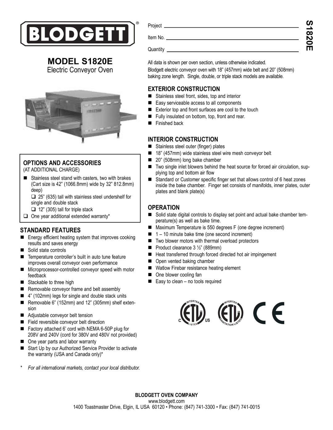 Blodgett S1820E warranty Options and Accessories, Standard Features, Exterior Construction, Interior Construction 