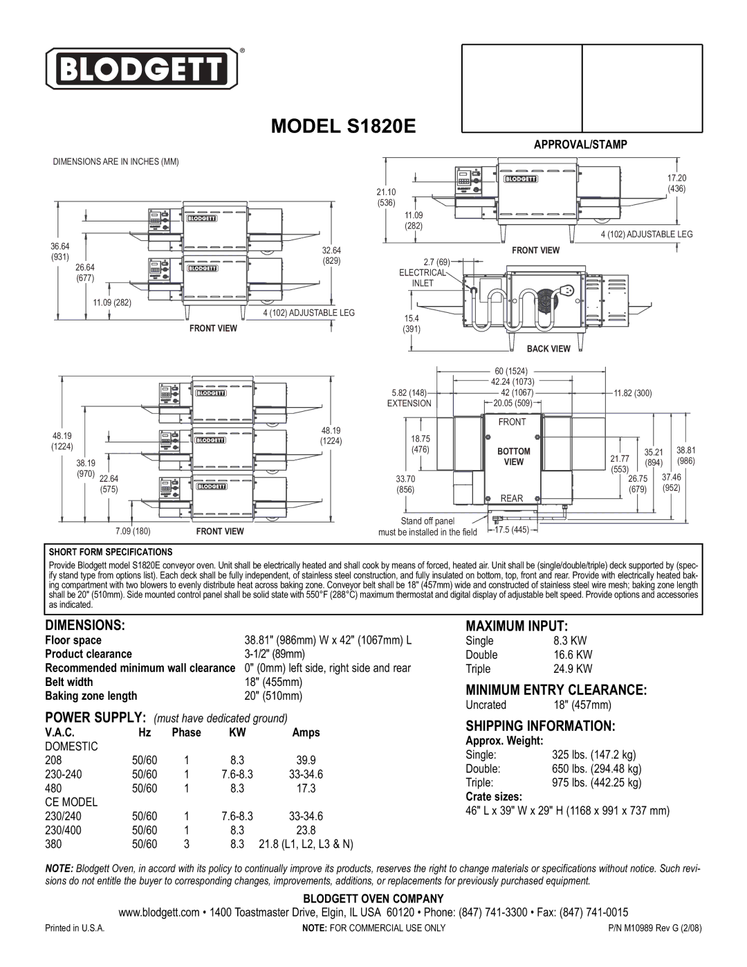 Blodgett S1820E warranty Dimensions, Maximum Input, Minimum Entry Clearance, Shipping Information 