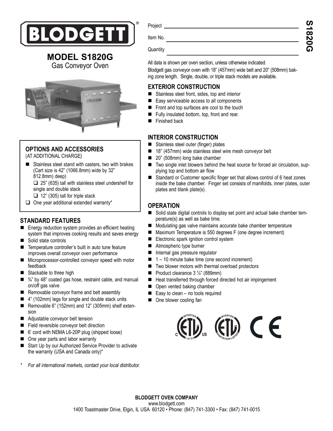 Blodgett S1820G warranty Options and Accessories, Standard Features, Exterior Construction, Interior Construction 